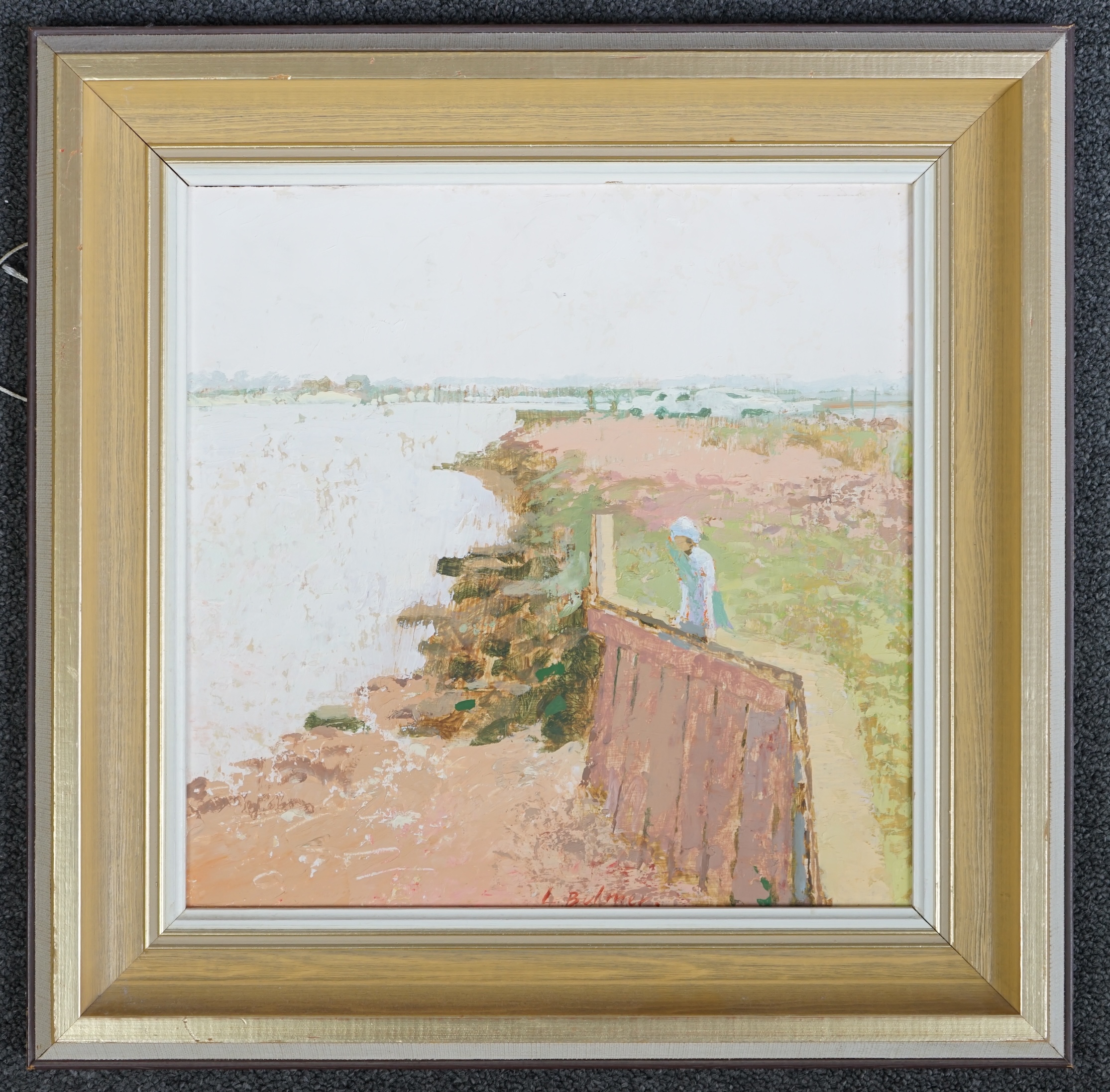 Lionel Bulmer (English, 1919-1991), oil on board, 'Sea Wall, River Blyth', signed, label verso, 29 x 29cm. Condition - good